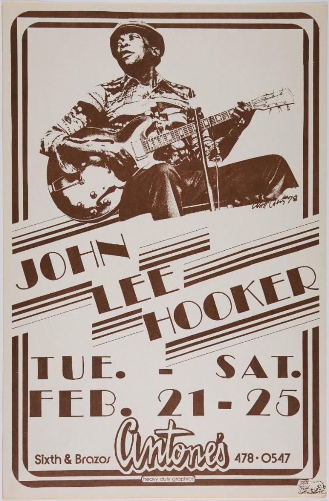 1978 John Lee Hooker Antones Austin Poster Excellent 79: This beautiful poster announced John Lee Hooker's five-night residency at Antone's in Austin, Texas in February of 1978. Antone's hosted many Blues luminaries since its inception in 1975, 