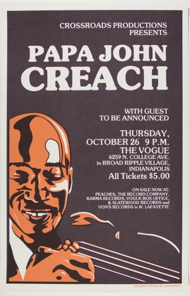 1978 Papa John Creach The Vogue Indianapolis Poster Near Mint 89: This poster promoted the late great American blues jazz and acid rock violinist Papa John Creach at The Vogue in Indianapolis. During his impressive career Creach recorded a number of eclectic solo