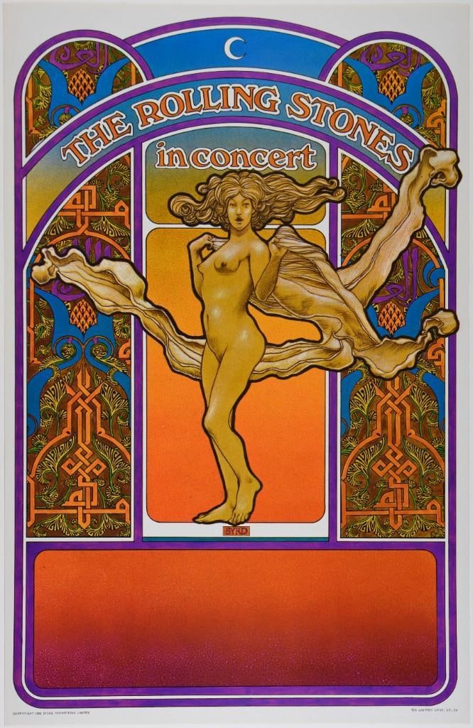 1969 David Byrd Rolling Stones Tour of the Americas Blank Poster Excellent 79: Here's an original example of the iconic David Byrd-designed poster for The Rolling Stones 1969 Tour of the Americas. The specific concert information for each venue was inserted in the box at