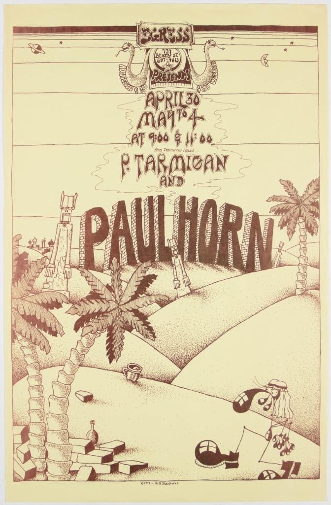 1974 Paul Horn The Egress Vancouver Poster Excellent 79: This poster was produced for a five-night engagement at The Egress in Vancouver, BC, featuring Paul Horn in late April and early May of 1974. Condition Details: Handling, light toning --CRITICAL DETAI