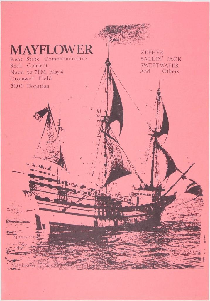 1971 Mayflower Kent State Commemorative Rock Concert Cromwell Field USC Poster Excellent 77: This poster was produced for a Kent State Commemorative Rock Concert held at Cromwell Field at the University of Southern California. Performers included Zephyr, Ballin' Jack, Sweetwater, and more