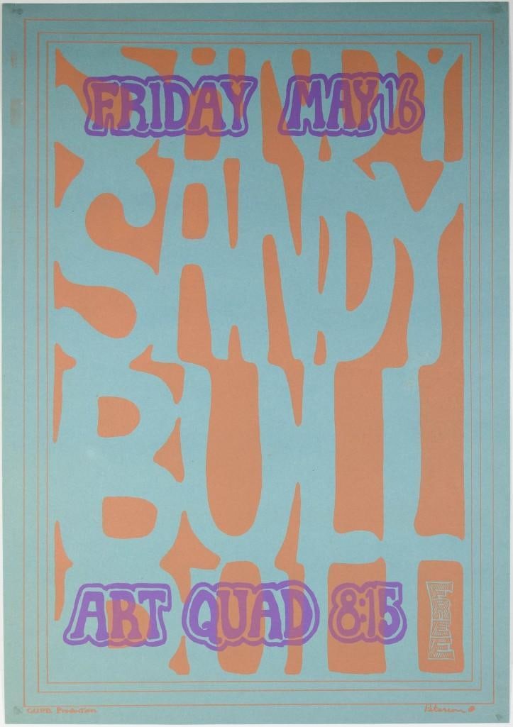 1973 Sandy Bull Art Quad Poster Excellent 71: This poster was produced for a free show featuring Sandy Bull. Condition Details: Restoration includes filled pinholes. Creases --CRITICAL DETAILS-- --TITLE Sandy Bull Art Quad Original Pre-Concert