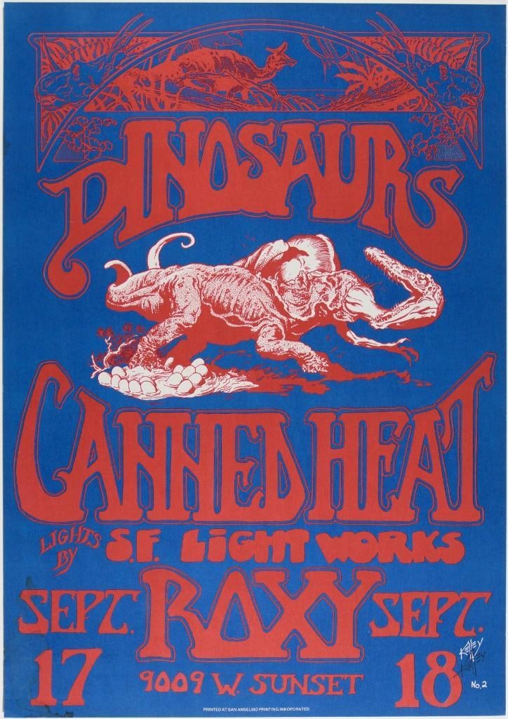 1982 Alton Kelley The Dinosaurs Canned Heat The Roxy Los Angeles Signed Kelley Poster Excellent 75: This poster is signed by the artist, Alton Kelley! This poster by Alton Kelley was created to promote The Dinosaurs' performance at The Roxy in Los Angeles in September 1982. The Dinosaurs formed 
