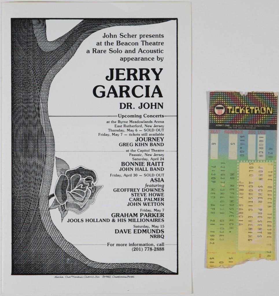 1982 Jerry Garcia Band Dr. John Beacon Theatre New York Program with Ticket Stub Near Mint 87: Presenting this rare concert program and ticket stub for Jerry Garcia and Dr. John's appearance at the Beacon Theatre in New York City on April 21, 1982. While Jerry initially planned to
