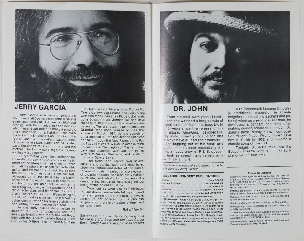 1982 Jerry Garcia Band Dr. John Beacon Theatre New York Program with Ticket Stub Near Mint 87 - 2