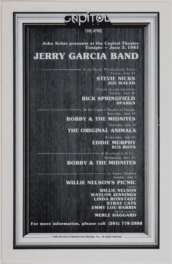 1983 Jerry Garcia Band Capitol Theatre Passaic Program Near Mint 89: This Capitol Theater Original Program features The Jerry Garcia Band performing in June 1983! During the 1970’s and early 1980s, the famous Capitol Theatre in Passaic, New Jersey, became a