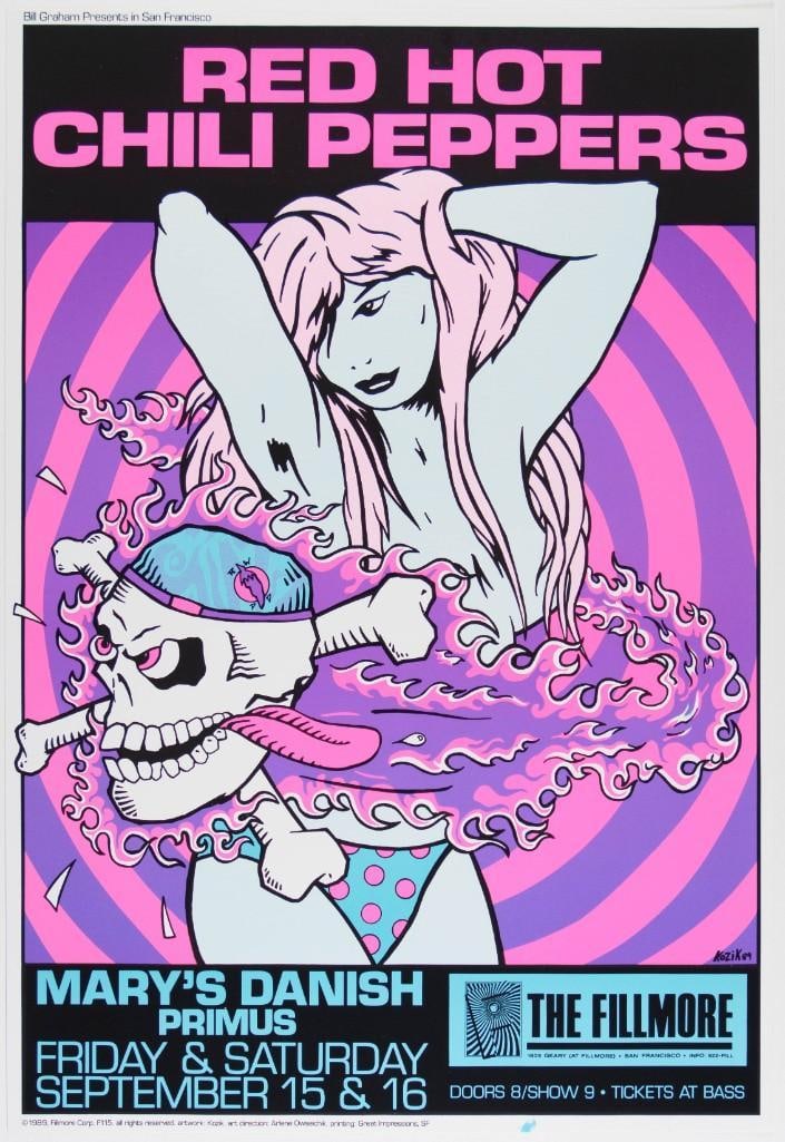 1989 NF-115 Red Hot Chili Peppers The Fillmore Poster Mint 91: Here we have a beautiful 1989 original poster designed by Frank Kozik for the Red Hot Chili Peppers at the Fillmore. Additional acts Primus and Mary's Danish were supporting these shows in San Fra