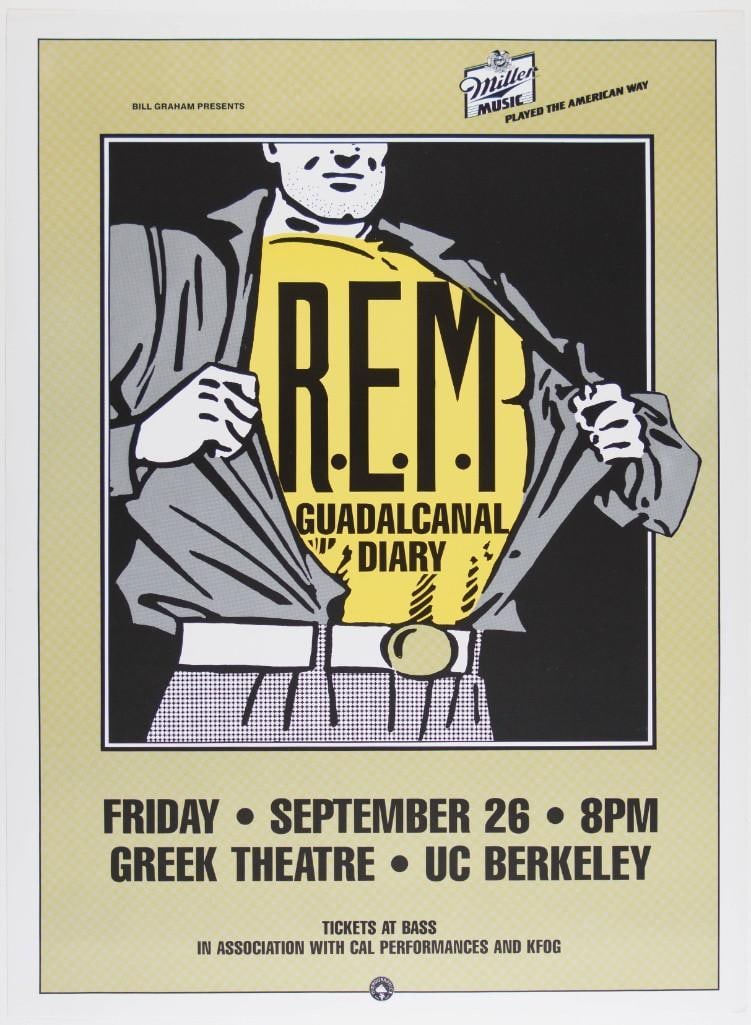 1986 REM Greek Theatre Berkeley Poster Near Mint 89: This poster announced R.E.M. appearing at the Greek Theatre in Berkeley, California, on September 26th, 1986. --CRITICAL DETAILS-- --TITLE REM Greek Theatre Original Pre-Concert First Printing Poster