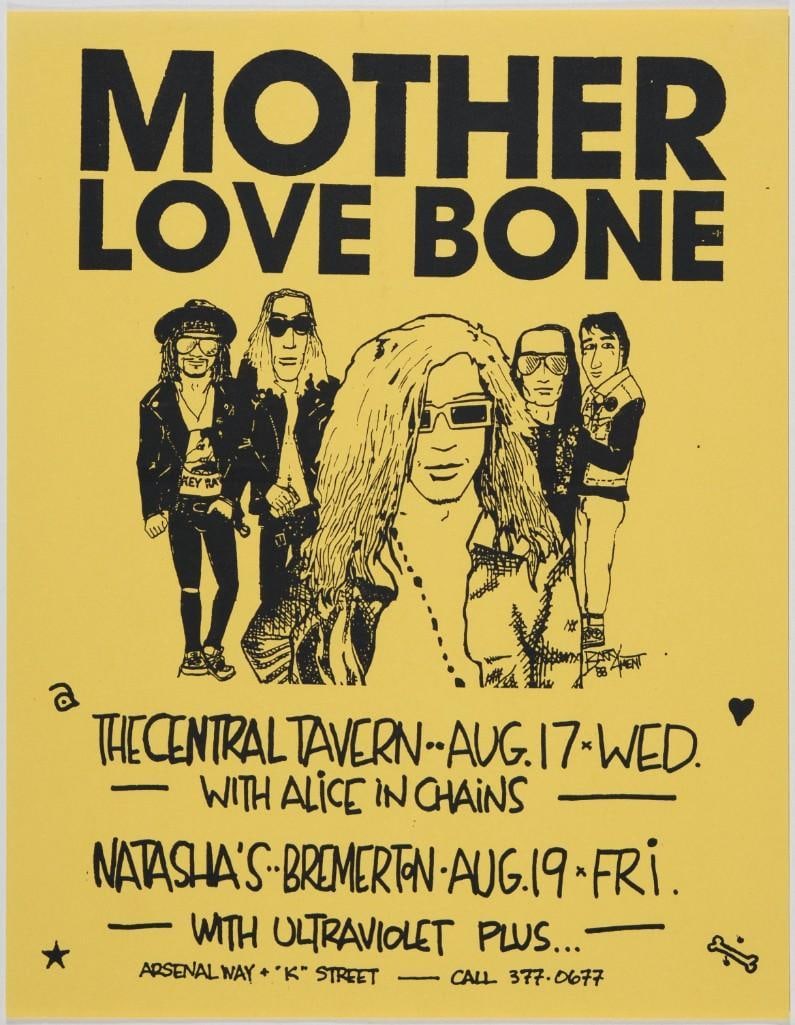 1988 Mother Love Bone Pearl Jam Alice In Chains Central Tavern Seattle Flyer Near Mint 87: This flyer advertised Seattle rock band Mother Love Bone's August 1988 performances at the Central Tavern in Seattle and at Natasha's in Bremerton, WA. Mother Love Bone was an important band i