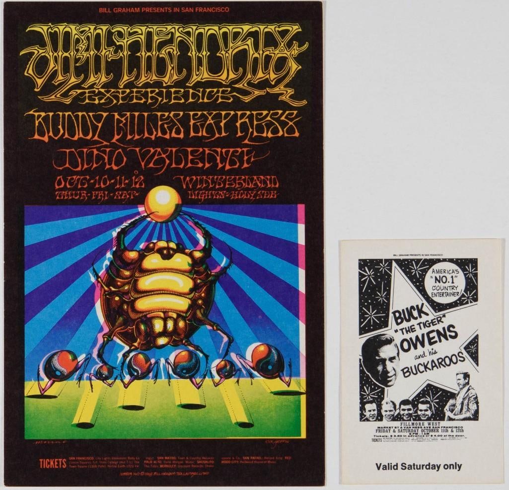 1968 BG-140 Jimi Hendrix Experience Winterland Postcard & Ticket Near Mint 89: This lot features a postcard from the BG-140 event, created by Victor Moscoso and Rick Griffin for a three-show run at Winterland featuring The Jimi Hendrix Experience, as well as a ticket for th