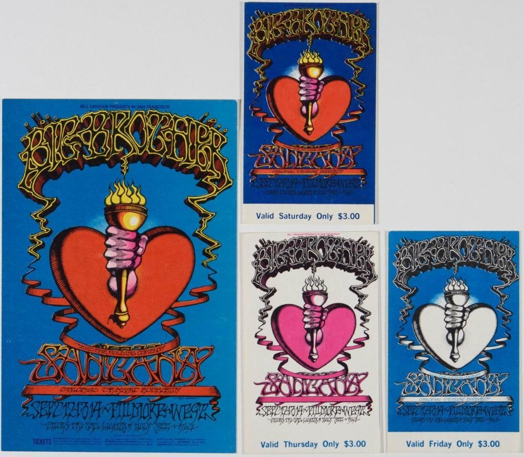 1968 BG-136 Big Brother Janis Joplin Santana Fillmore West Postcard & 3 Tickets Near Mint 89: This lot features the OPC-B postcard and 3 tickets from this event! The Heart and Torch is one of Rick Griffin's most famous images. Experienced collectors and newbies alike LOVE the beautif