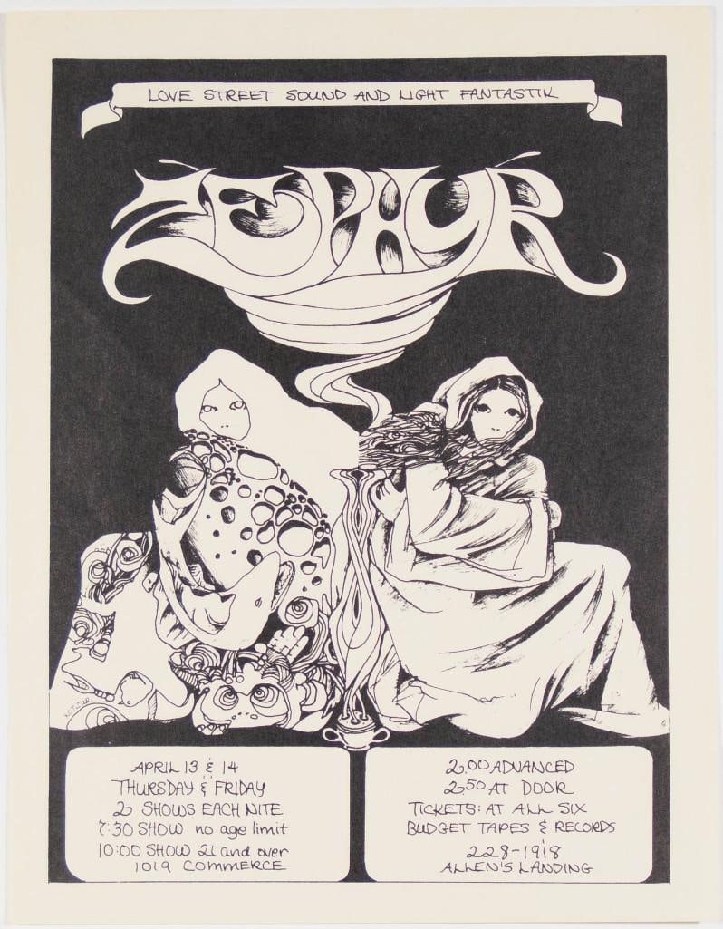 1972 Zephyr Love Street Sound and Light Fantastik Handbill Excellent 79: This handbill was produced for a slew of events featuring the band Zephyr, presented by Love Street Sound and Light Fantastik. The event was held in April on the 13th and 14th 1972 at 1019