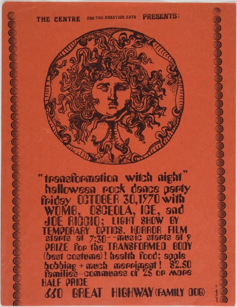 1970 The Halloween Rock Dance Party 660 Great Highway Handbill Excellent 73: This handbill announced a Halloween Rock Dance Party at 660 Great Highway, presented by the Family Dog on October 30th, 1970. Performers included Womb, Osceola, Ice, and Joe Riccio. Approximately