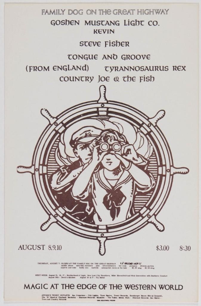 1969 FD-690808 Country Joe & the Fish Tyrannosaurus Rex 660 Great Highway Handbill Near Mint 87: This issue, titled FD-690808, was created for a string of shows promoted by the Family Dog, yet the handbill falls outside of the FD numbered series. The shows advertised took place at 660 Great