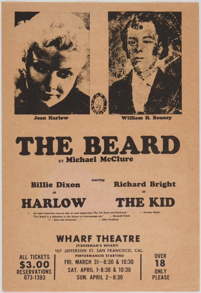 1967 The Beard The Wharf Theatre Handbill Near Mint 87: This lot offers an early handbill for a 1967 performance of The Beard at The Wharf Theatre in San Francisco. The Beard was a play by beat playwright Michael McClure, and it’s a true gem from the