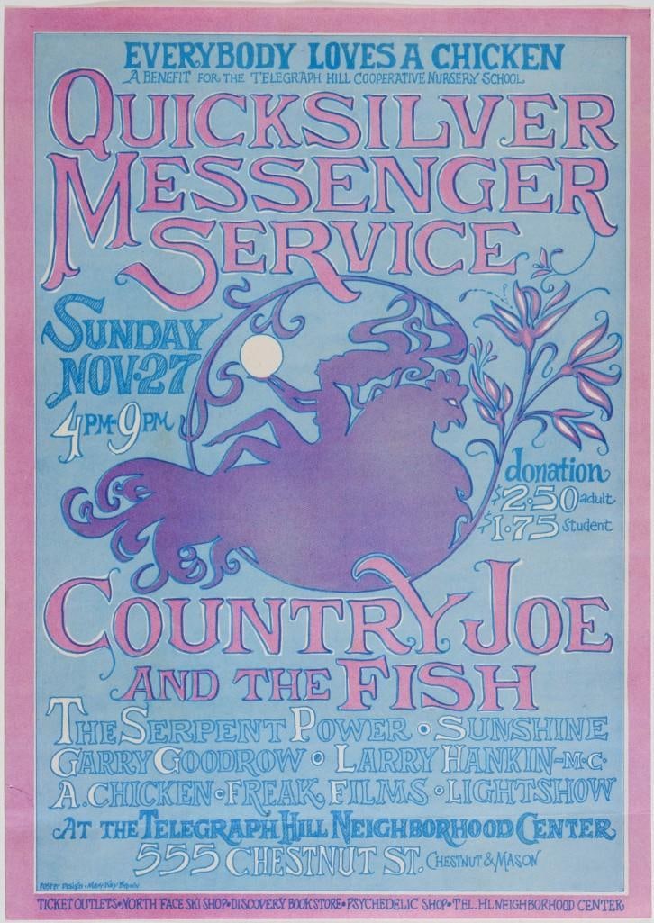 1966 Quicksilver Country Joe Sunshine Telegraph Hill Neighborhood Center Handbill Excellent 71: This rare handbill announced Quicksilver Messenger Service headlining an event at the Telegraph Hill Neighborhood Center in Berkeley, California, on November 27th. 1966. The show also featured Co