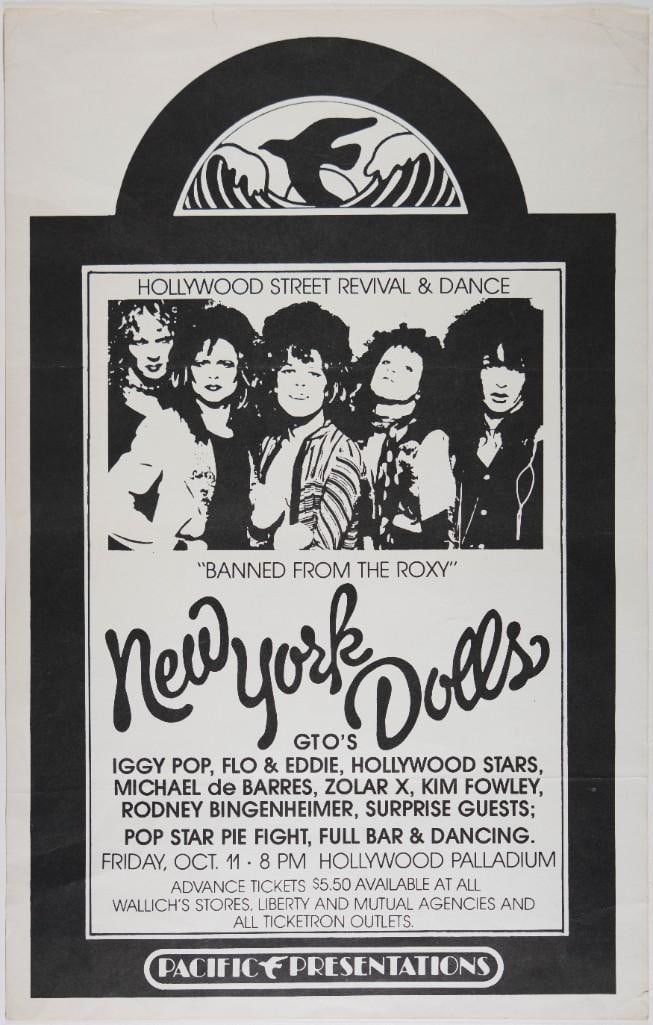 1974 New York Dolls Hollywood Palladium Poster Extra Fine 65: This poster announced the New York Dolls apperance at the Hollywood Palladium on October 11th, 1974. The lineup also featured the New York Dolls, Iggy Pop, Flo & Eddie, The Hollywood Stars, M