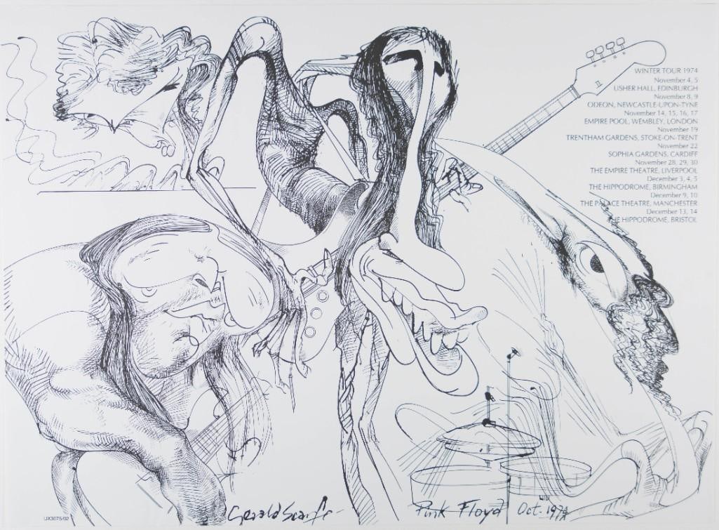 1974 Pink Floyd Winter Tour Commemorative RP Poster Near Mint 85: Artist Gerald Scarfe is known well for his album cover artwork and animation for the 1979 Pink Floyd "The Wall" record and film. However in the mid-seventies his journey with the Floyd began w