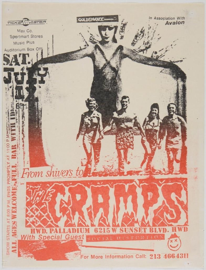 1986 The Cramps Social Distortion Hollywood Palladium Flyer Excellent 75: This flyer advertised a performance by the legendary psychobilly band The Cramps, with Social Distortion as the special guest, on Saturday, July 12, 1986, at the Hollywood Palladium Condition Det