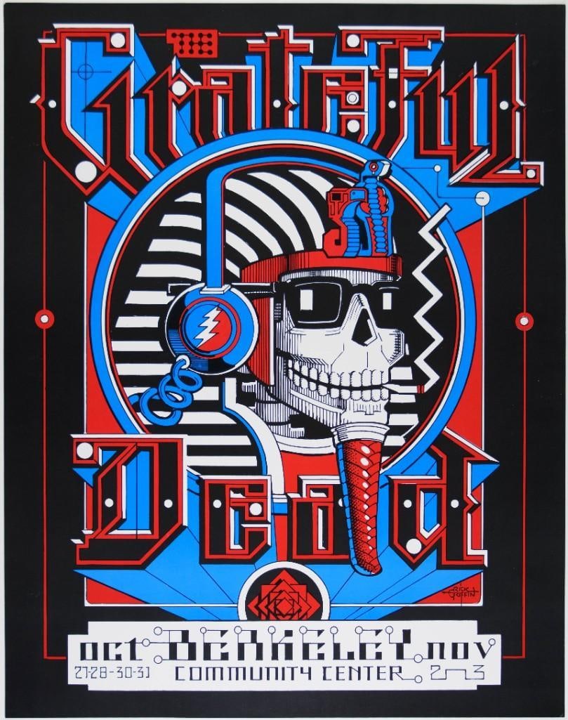 1984 Rick Griffin Grateful Dead Berkeley Community Center Poster Near Mint 89: This design is one of the later creations from the pen of master artist Rick Griffin. This killer poster image was unofficially produced by the artist for a run of shows at the Berkeley Community Thea