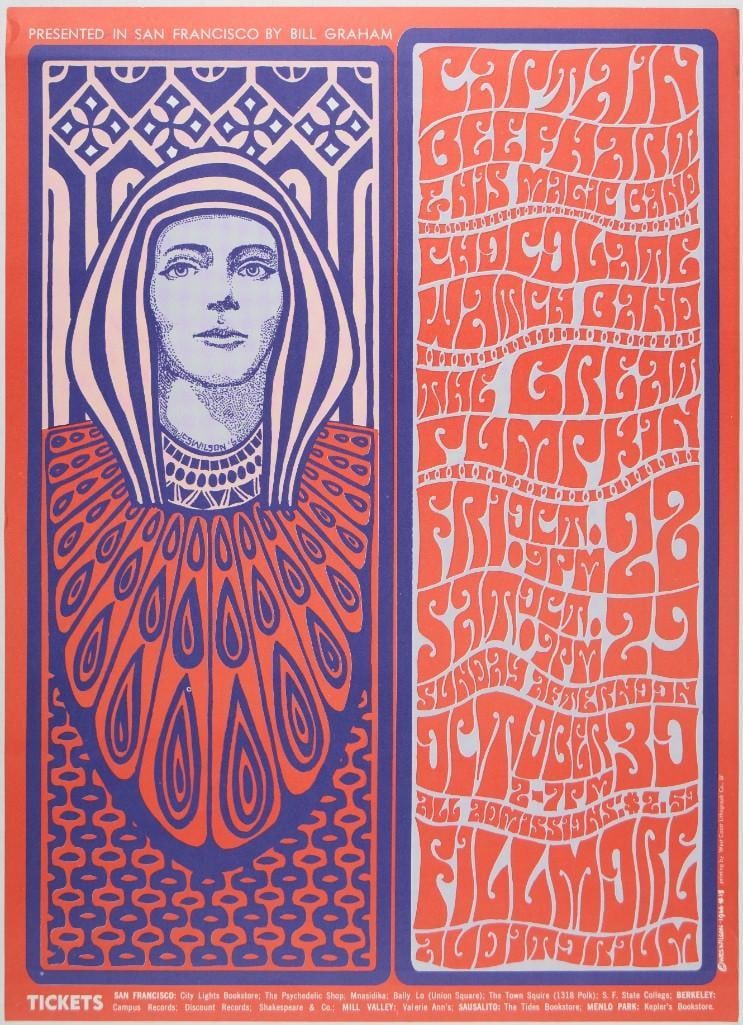 1966 BG-34 Captain Beefheart & His Magic Band Fillmore Auditorium RP2 Poster Excellent 79: This is a second printing of Wes Wilson’s stunning advertisement for a performance by the enigmatic Captain Beefheart and His Magic Band at the Fillmore, and this is an early Bill Graham