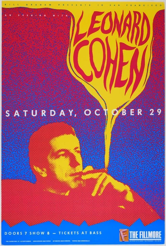 1988 NF-57 Leonard Cohen The Fillmore Poster Near Mint 83: The New Fillmore concert poster series was initiated in 1988 when legendary promoter Bill Graham started producing events again at the historic original Fillmore Auditorium in San Francisco. Though th