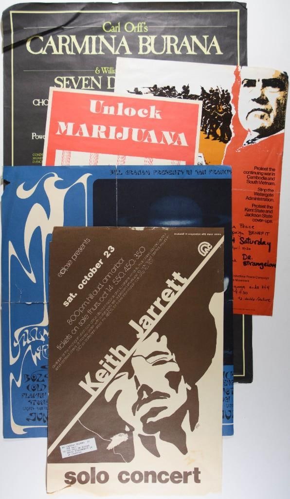 Lot of 5 Posters Not Graded: This lot features 5 ungraded posters from various events. 1976 Keith Jarrett Hill Auditorium Poster 1971 BG-287 RP2 Record Insert Poster 1970s Marijuana Legalization Poster 1974 Kent State Memorial Po