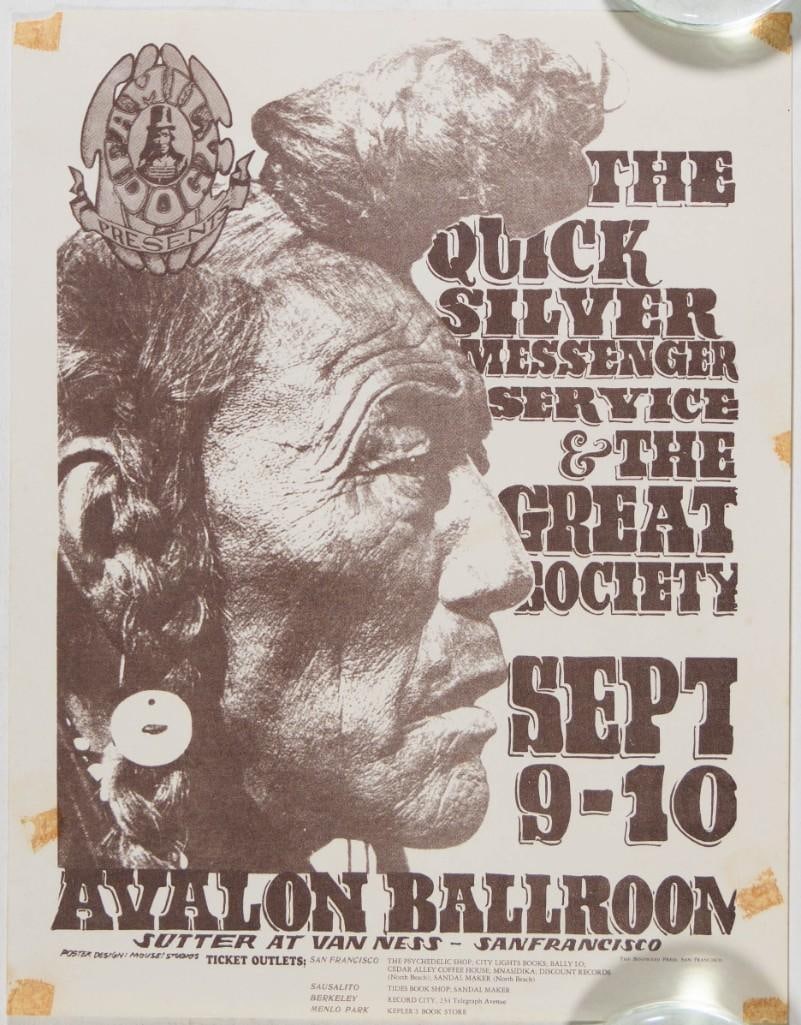 1966 FD-25 Great Society Quicksilver Messenger Service Avalon Ballroom Handbill Extra Fine 63: The youth movement of the 1960’s greatly identified with the culture and ideals of the Native American people, and their images are a common theme in many 1960’s concert posters and