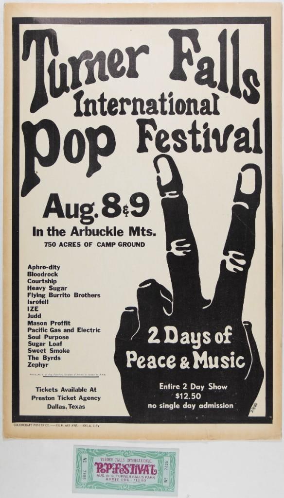 1970 Flying Burrito Brothers Turner Falls Festival Arbuckle Mountains Poster & Ticket Extra Fine 65: This cardboard poster was produced for the Turner Falls International Pop Festival, held in Davis, Oklahoma, in August 1970. Performers included the Flying Burrito Brothers, The Byrds, Pacific Gas