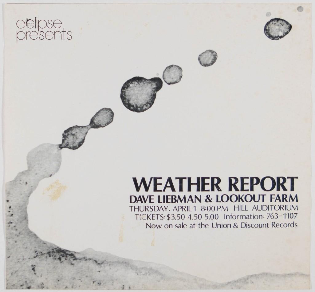 1976 Weather Report Hill Auditorium Ann Arbor Poster Extra Fine 67: This poster announced Weather Report's appearance at Hill Auditorium in Ann Arbor, Michigan, on April 1st, 1976. The jazz-fusion band is heralded as one of the pioneers of the genre, and was activ