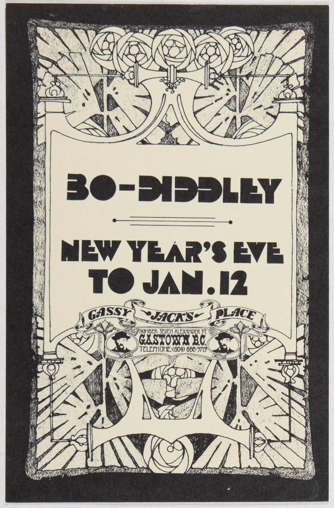 1970 Bo Diddley Gassy Jack's Place Handbill Near Mint 87: This handbill announced a residency featuring Bo Diddley at Gassy Jack's in Vancouver, BC in early 1970. --CRITICAL DETAILS-- --TITLE Bo Diddley Gassy Jack's Place Original Pre-Concert First