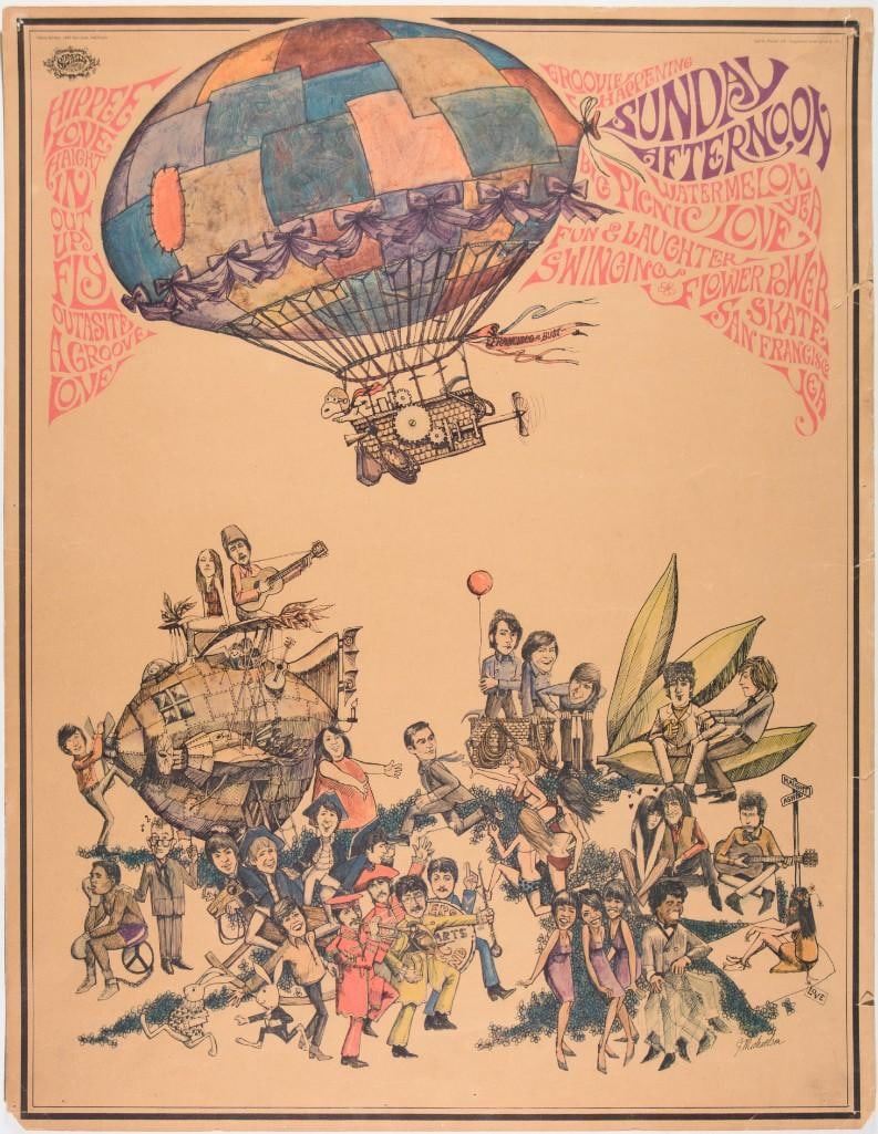 1967 Hippie Love Sparta Graphics No. 2 Headshop Poster Extra Fine 63: This headshop poster was created by Dave Schiller and J. Michaelson in 1967. It depicts a Summer of Love scene at Haight-Ashbury and reads "Groovy Happening Sunday Afternoon". Many of the