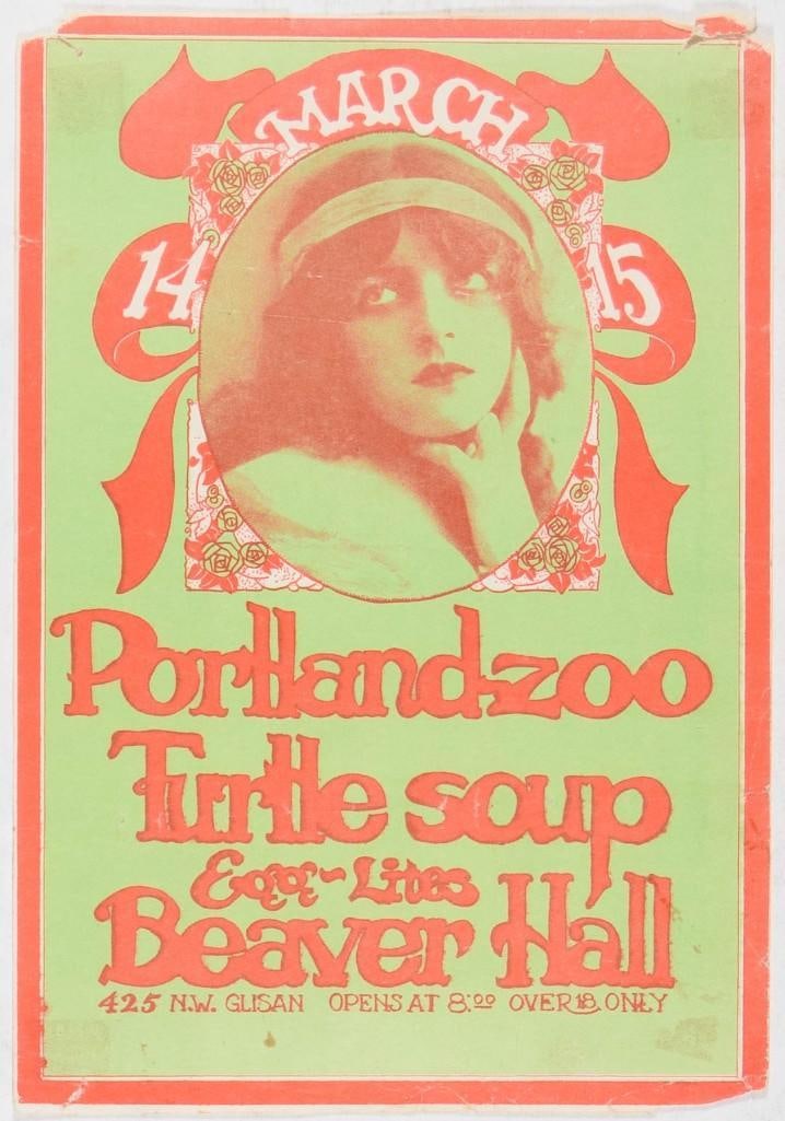 1969 Portland Zoo Beaver Hall Portland Handbill Extra Fine 61: This handbill was produced for Portland Zoo and Turtle Soup at Portland's Beaver Hall for two nights in March 1969. Original pieces from the Pacific Northwest are highly collectible and are