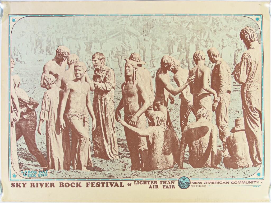1968 AOR-3.8 Grateful Dead Santana The Sky River Rock Festival Commemorative Poster Excellent 75: This poster was produced to commemorate the first Sky River Rock Festival, held from August 31st to September 3rd, 1968, on Betty Nelson's Farm near the Skykomish River outside Sultan,