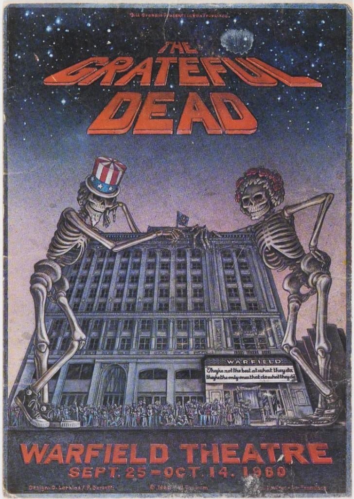1980 Grateful Dead The Warfield Theatre Handbill Extra Fine 61: This original double-sided handbill was created for the famous Dead concerts in 1980 at the Warfield in San Francisco. The shows featured a rare acoustic set by the Dead. This handbill, designed by