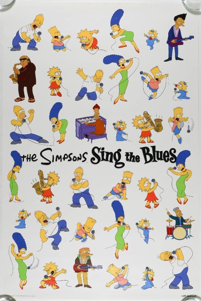 1990 The Simpsons Sing the Blues Poster Near Mint 83: This promotional poster was distributed by 20th Century Fox for The Simpsons Sing the Blues album, with featured songs sung by characters from the classic animated show. Condition Details: