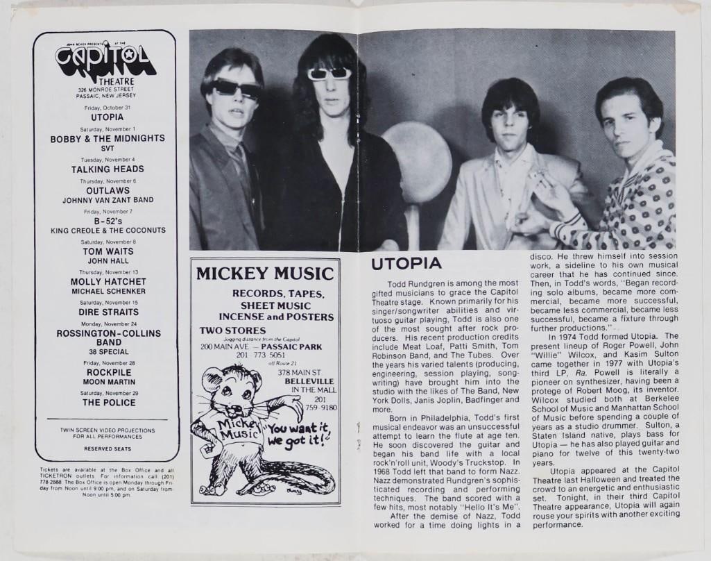 1980 Bobby and the Midnights Todd Rundgren and Utopia Capitol Theatre Program Excellent 75 - 2