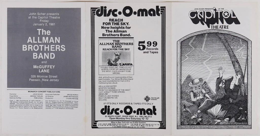 1981 Allman Brothers Capitol Theatre Program Excellent 79: This program was produced for The Allman Brothers Band at the Capitol Theatre on January 2nd, 1981. During the 1970s and early 1980s, the famous Capitol Theatre in Passaic became a popular venue