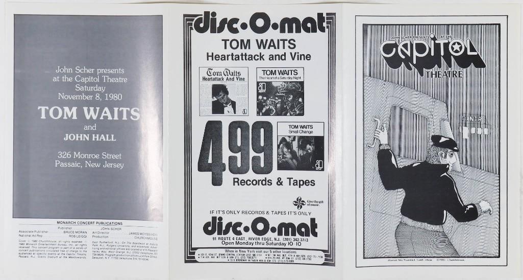 1980 Tom Waits Capitol Theatre Program Excellent 79: This program was produced for Tom Waits at the Capitol Theatre on November 8th, 1980. During the 1970s and early 1980s, the famous Capitol Theatre in Passaic became a popular venue for a whole
