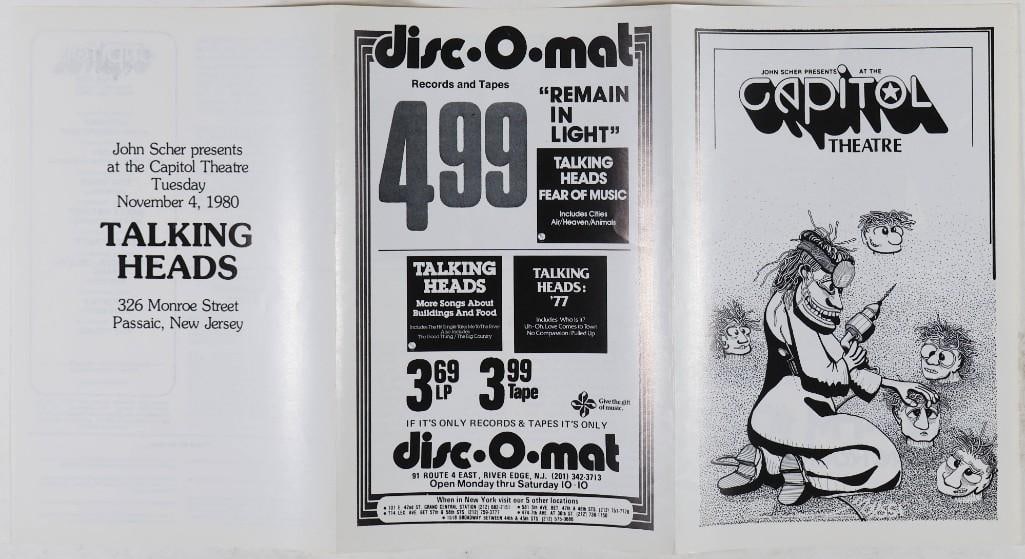 1980 Talking Heads Capitol Theatre Program Excellent 79: This program was produced for Talking Heads at the Capitol Theatre on November 4th, 1980. During the 1970s and early 1980s, the famous Capitol Theatre in Passaic became a popular venue for a whole