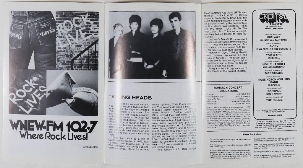 1980 Talking Heads Capitol Theatre Program Excellent 79 - 2