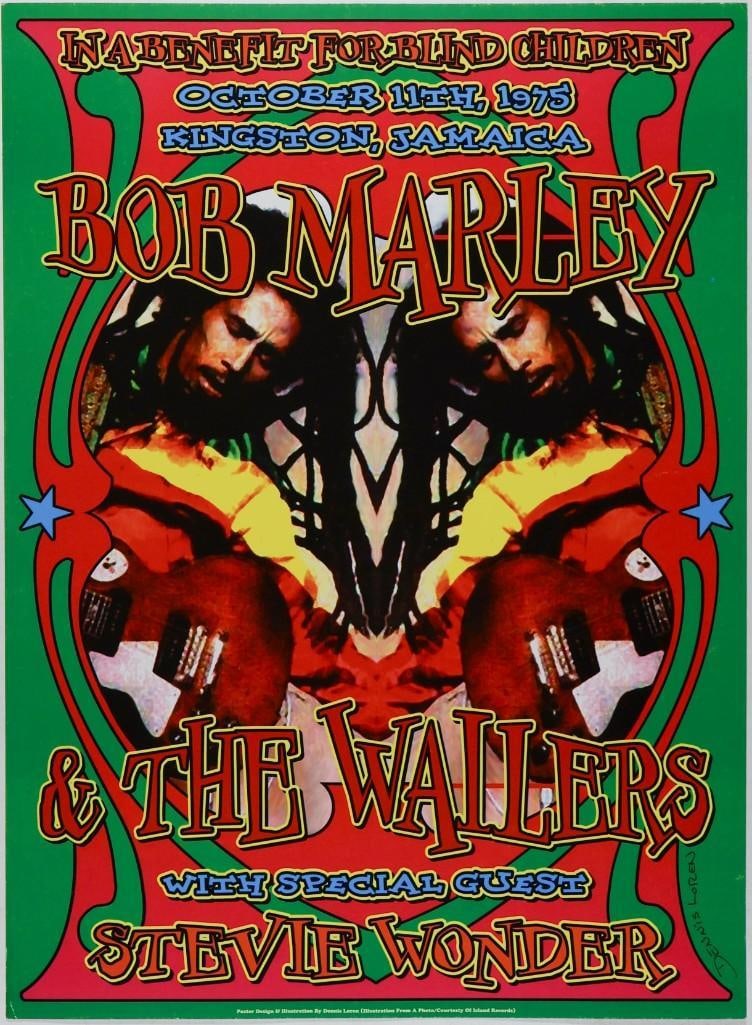 Bob Marley Commemorative Signed Loren Poster Near Mint 81: This poster is signed by the artist, Dennis Loren! This commemorative poster honored Bob Marley & The Wailers & Stevie Wonder's benefit show for blind children held in Kingston, Jamaica