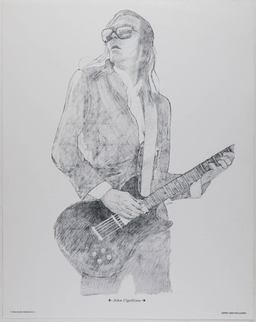 1991John Cippolina Rock Visions Poster Near Mint 87: This poster, titled "Rock Visions No. 1", features a drawing of John Cippolina produced by artist Kent Hollister in 1991. Condition Details: Rock Visions --CRITICAL DETAILS-- --TITLE
