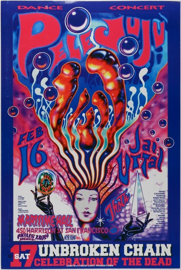 1996 Celebration of the Dead Pele JuJu Unbroken Chain Maritime Hall Poster Near Mint 81: This poster announced a pair of events San Francisco's Maritime Hall held in February 1996. They included Pele JuJu on the 16th, and Unbroken Chain, a celebration of The Dead on the 17th. 