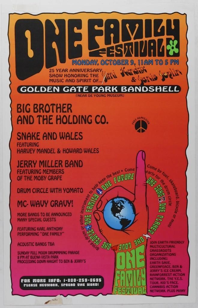 1995 One Family Festival Big Brother and the Holding Company Golden Gate Park Poster Excellent 71: This poster was produced for the One Family Festival, held at Golden Gate Park in San Francisco on October 9th, 1995. The event was a "25th year anniversary show honoring the music and spirit of