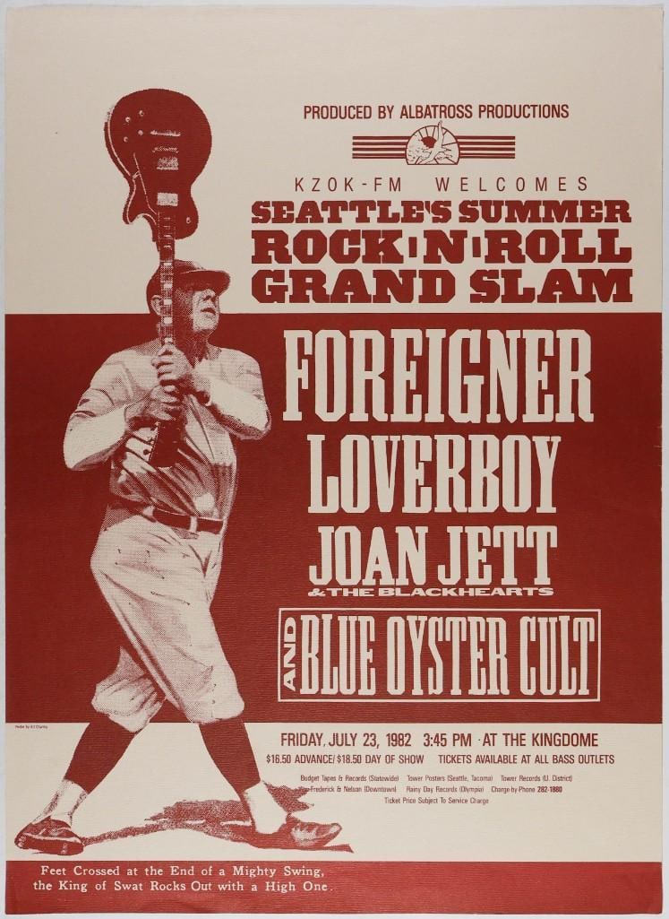 1982 Foreigner Joan Jett Blue Oyster Cult Kingdome Seattle Poster Near Mint 85: This baseball-themed poster was produced for an event called the Rock N' Roll Grand Slam, held at the Kingdome in Seattle on July 23rd, 1982. Performers included Foreigner, Loverboy, Joan Jett &am