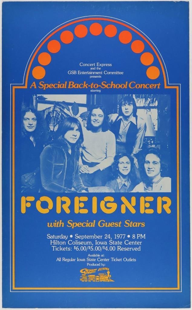 1977 Foreigner The Hilton Coliseum Iowa State Center Cardboard Poster Excellent 79: This original cardboard poster features Foreigner appearing at The Hilton Coliseum, Iowa State Center on September 24th, 1977. Condition Details: Cardboard. --CRITICAL DETAILS-- --TITLE