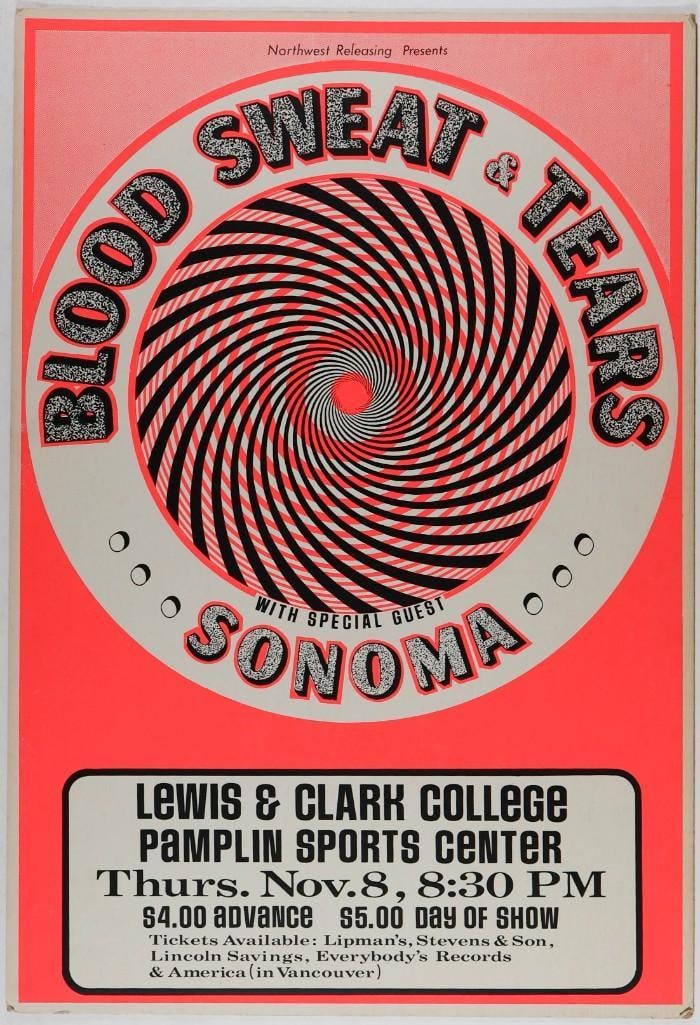 1973 Blood Sweat & Tears Lewis & Clark College Portland Cardboard Poster Excellent 77: This original cardboard poster features Blood Sweat & Tears appearing at the Pamplin Sports Center at Lewis & Clark College in Portland, Oregon on November 8th, 1973. Condition Details: