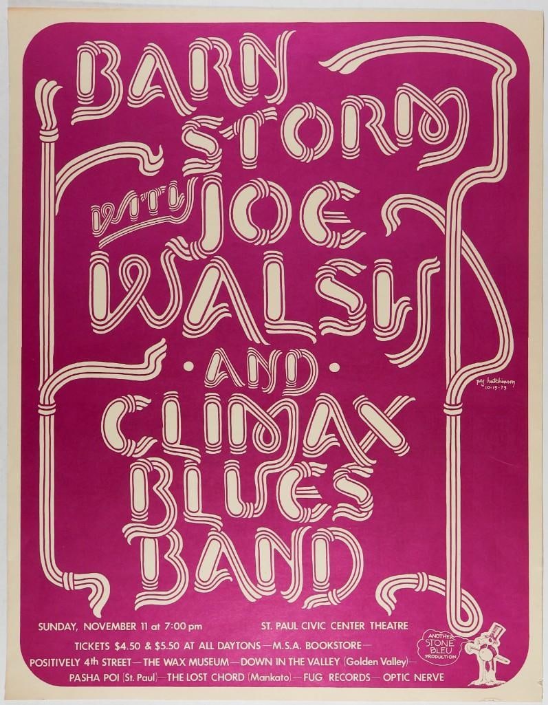 1973 Barnstorm with Joe Walsh Saint Paul Civic Center Poster Excellent 79: This poster was created for Barnstorm with Joe Walsh and the Climax Blues Band playing at the St. Paul Civic Center Theatre in St. Paul, Minnesota, on November 11th, 1973. Barnstorm was a band formed
