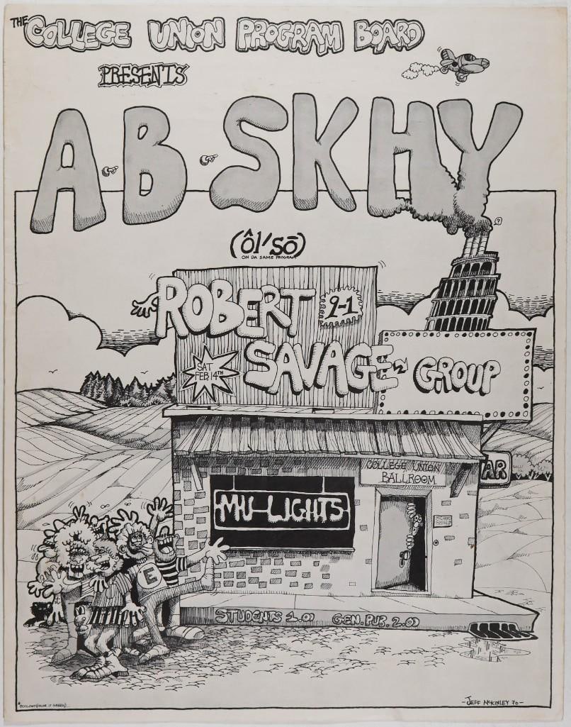 1970 A.B. Skhy Robert Savage Group College Union Ballroom Poster Extra Fine 67: This poster announced A.B. Skhy and the Robert Savage Group playing at College Union Ballroom in Macomb, Illinois, on September 14th, 1970. Condition Details: Soft right edge --CRITICAL DETAILS--